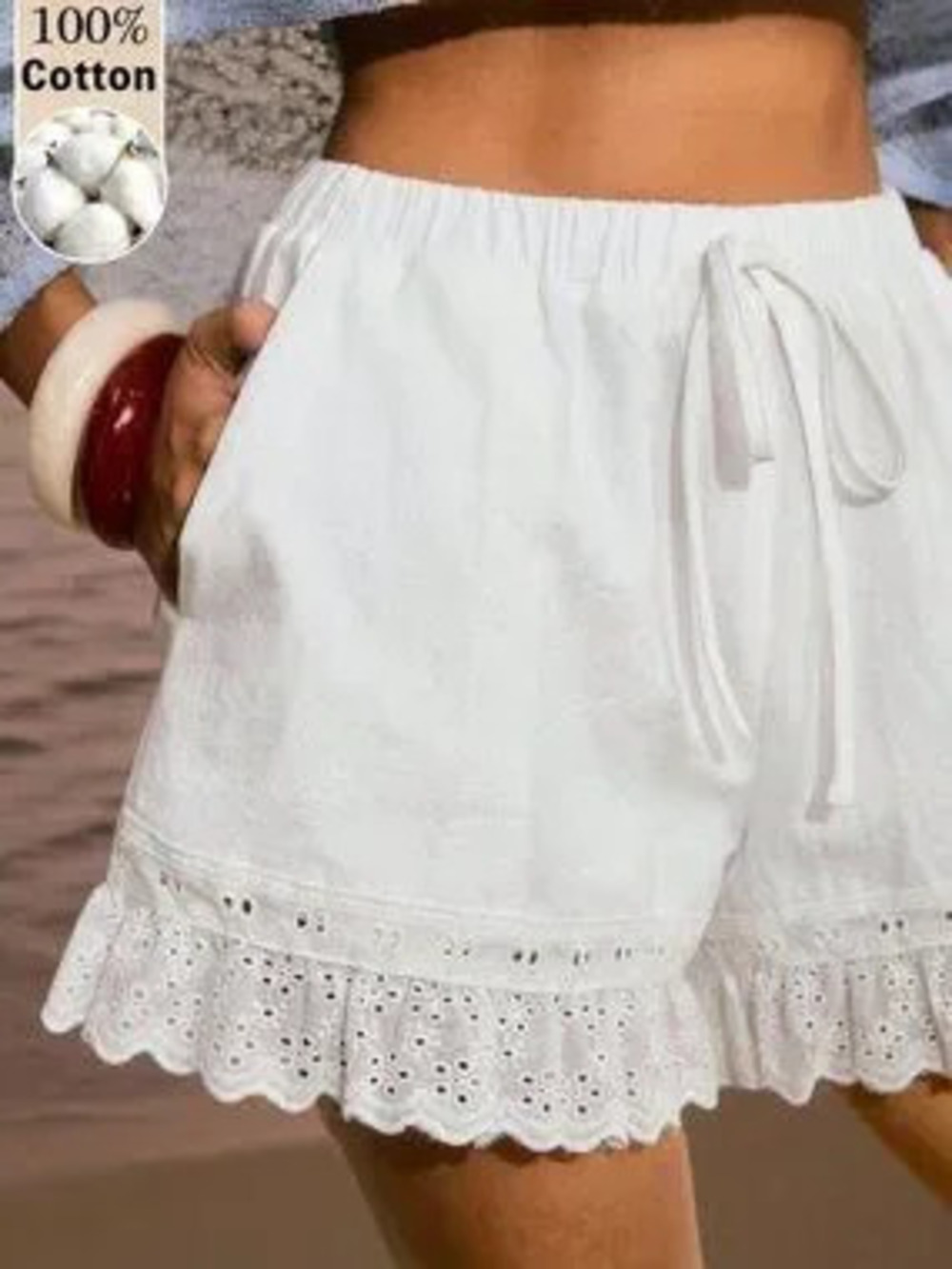 White Casual Boho Women's Cotton Hollow Out Embroidery Ruffle Hem Shorts